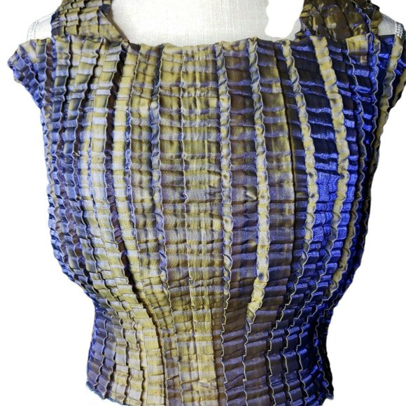 Accordion Pleated Sheath Dress M Color Change Iridescent 90s Gold Green Purple - Picture 5 of 10